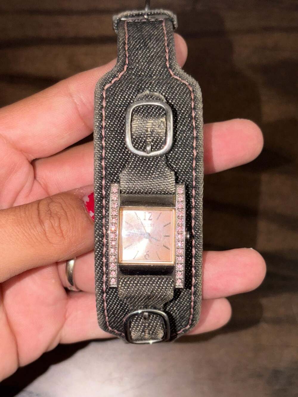Vintage Y2K Guess Women's Cuff Watch with Pink Rhinestone Accents and Denim Stra